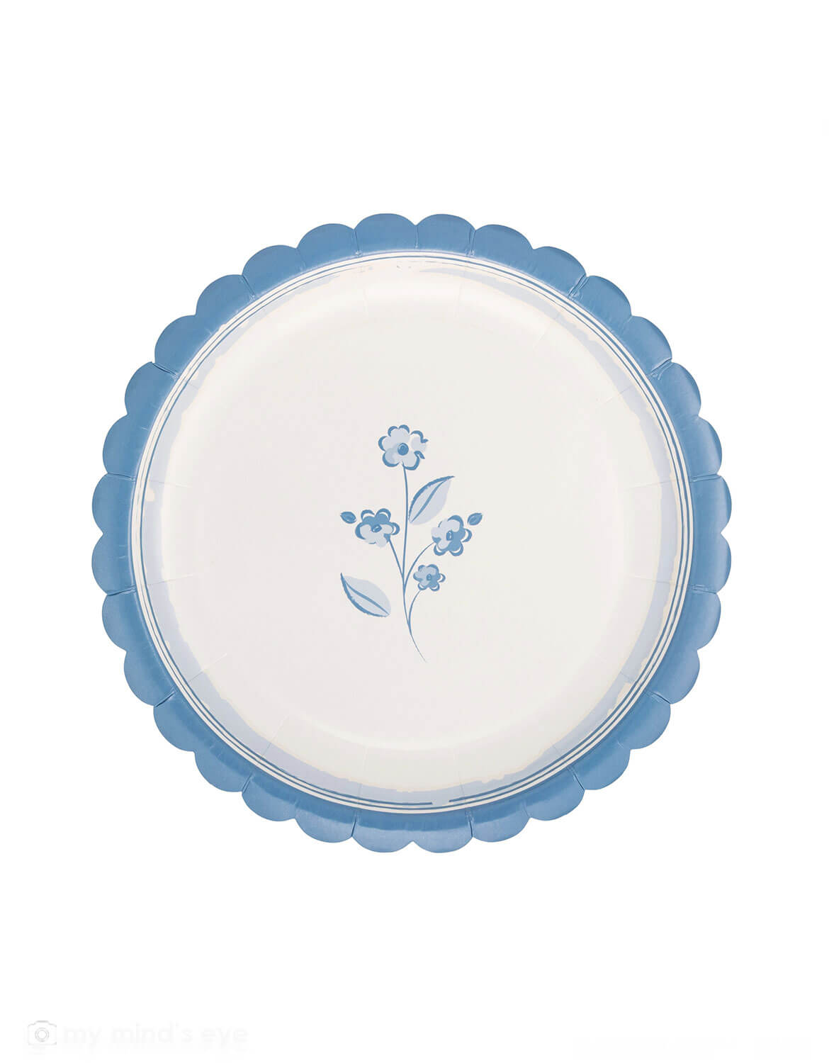 Momo Party's 8" round white plate with blue floral design on a scalloped edge by My Mind's Eye against a white background.