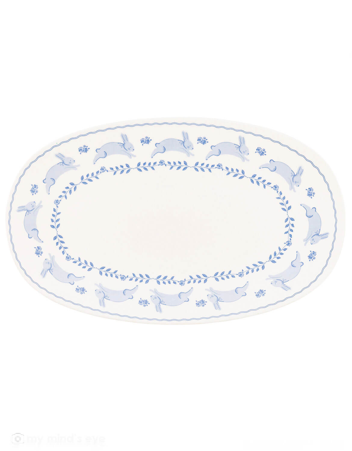 Momo Party's 12" x 15" oval white bamboo serving tray with blue bunny pattern by My Mind's Eye on a white background.