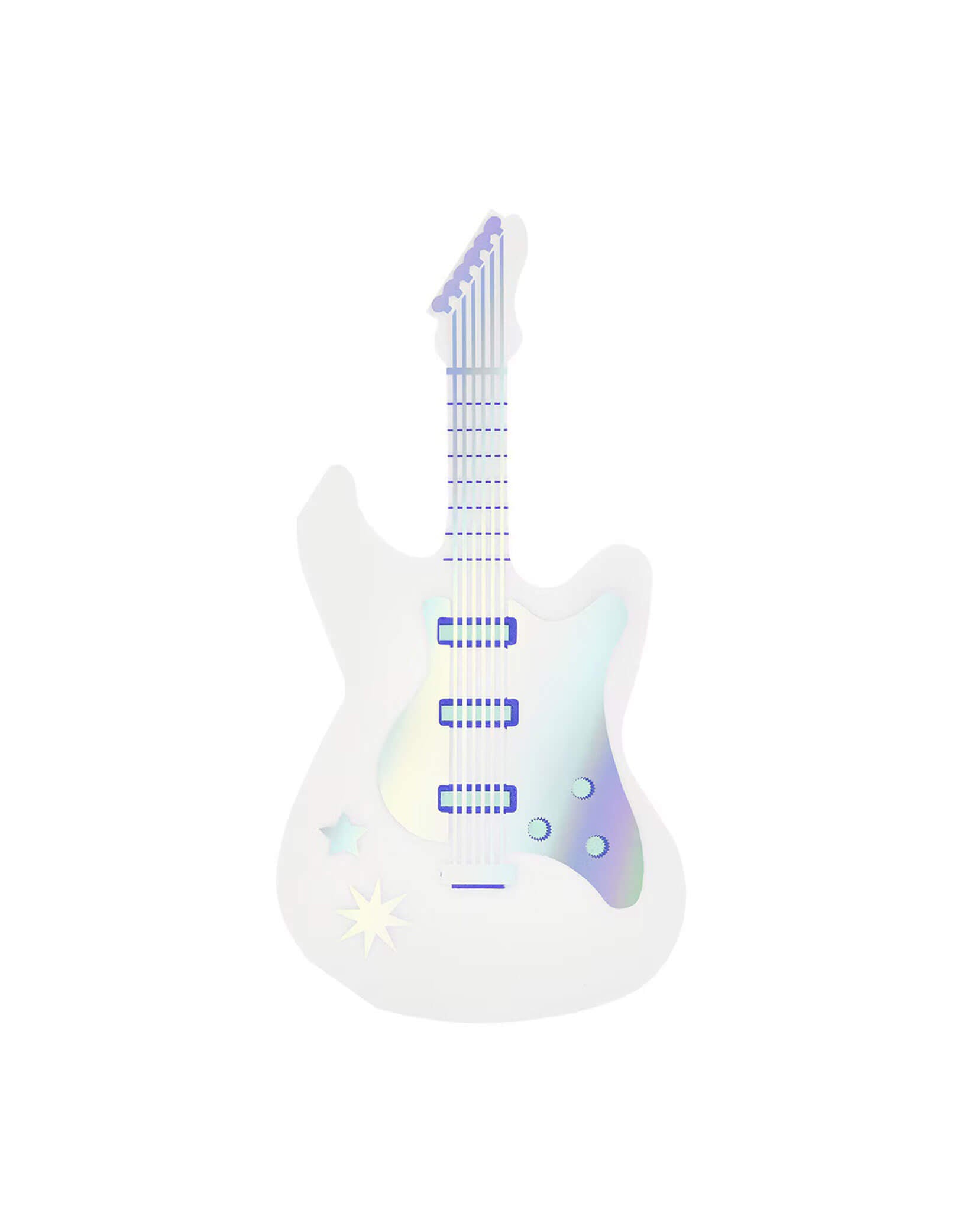 Momo Party's white electric guitar shaped napkin with star and moon designs by Meri Meri on a white background.