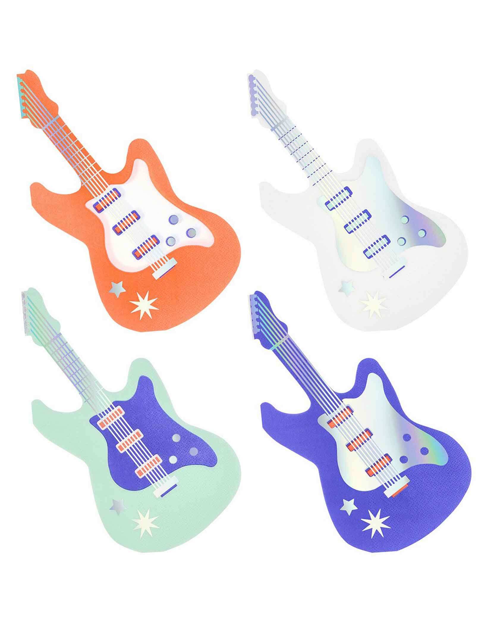 Momo Party's four colorful electric guitar-shaped napkins in red, purple, mint, and white with silver foil by Meri Meri on a white background.