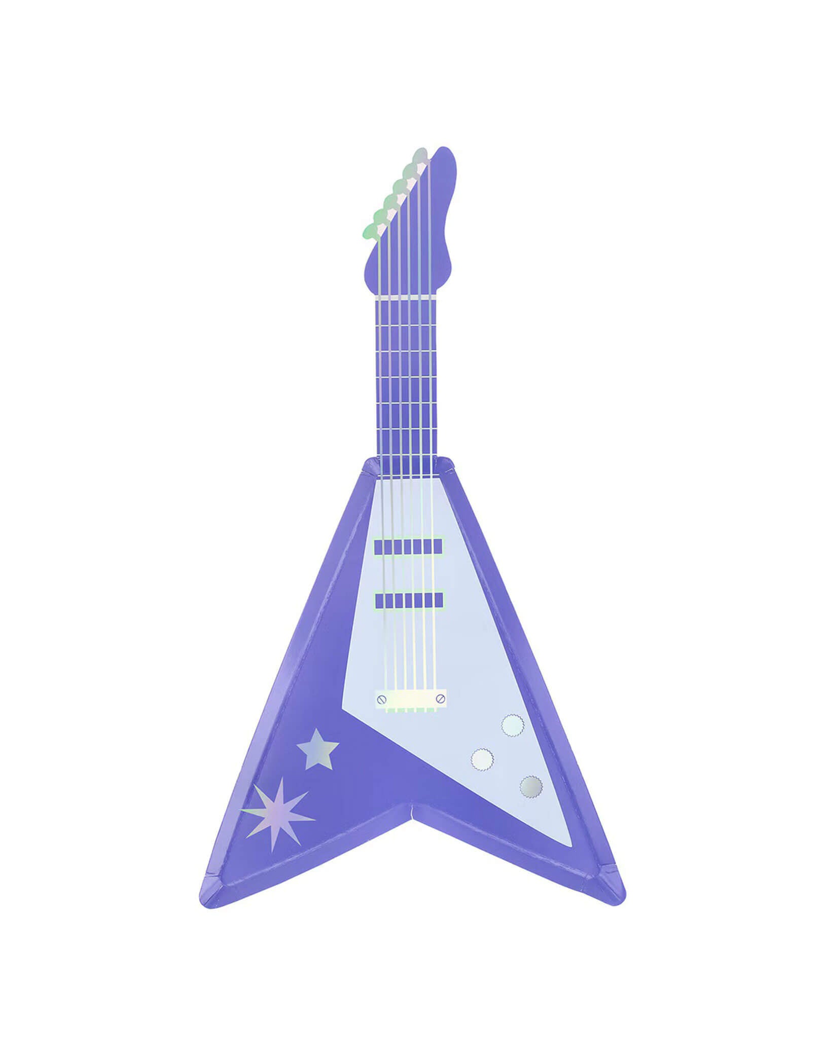 Momo Party's purple electric guitar-shaped plate with silver foil by Meri Meri on a white background.