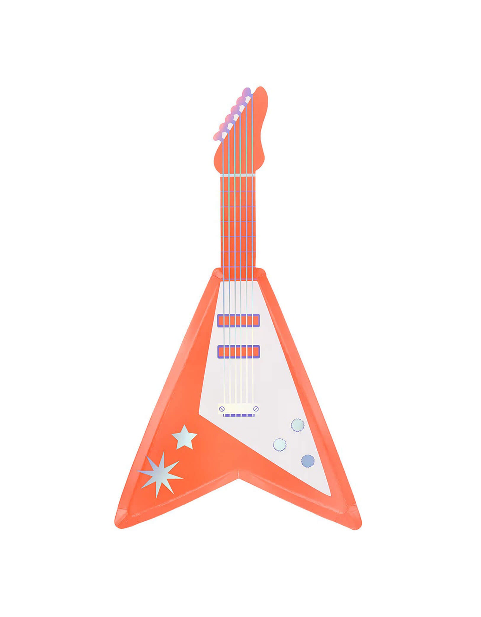 Momo Party's red electric guitar-shaped plate with silver foil by Meri Meri on a white background.