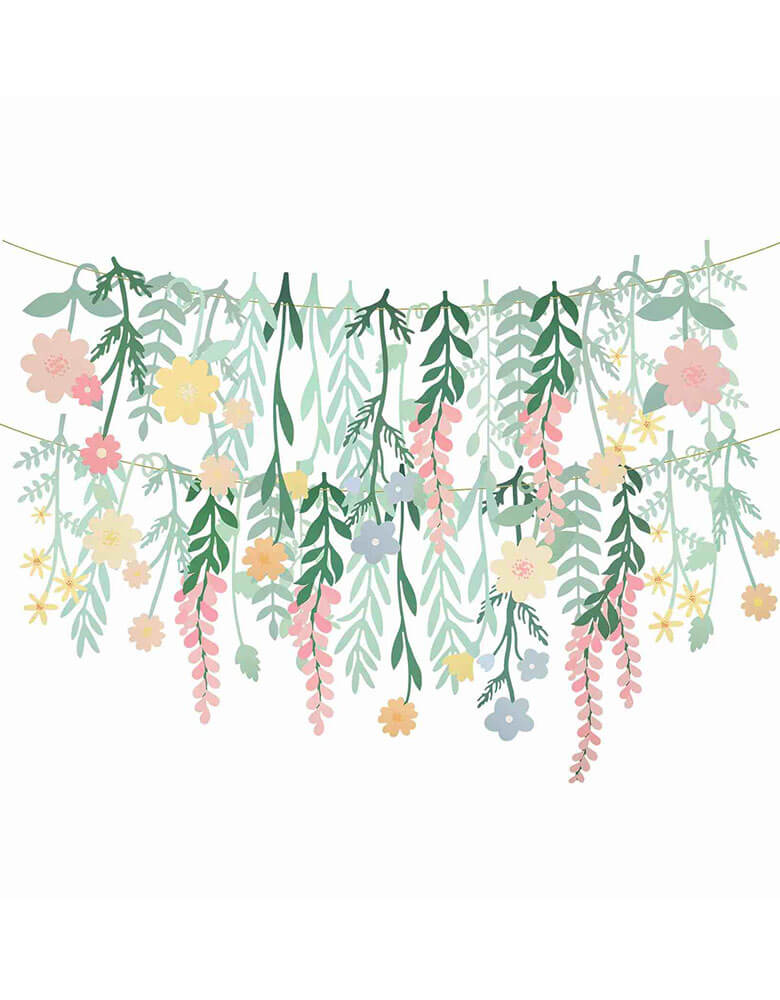 Momo Party's 30 inches Floral Paper Backdrop by Meri Meri. Featuring a total of 40 beautifully designed and crafted floral and foliage paper pennants, this is a statement, versatile garland. String it overlapping, against a wall, or hang it on or above a party table, spaced out over a couple of rows, for maximum effect. It's perfect for a bridal shower or fairy party, especially as a backdrop for photos. Or use as a beautiful everyday room decoration.