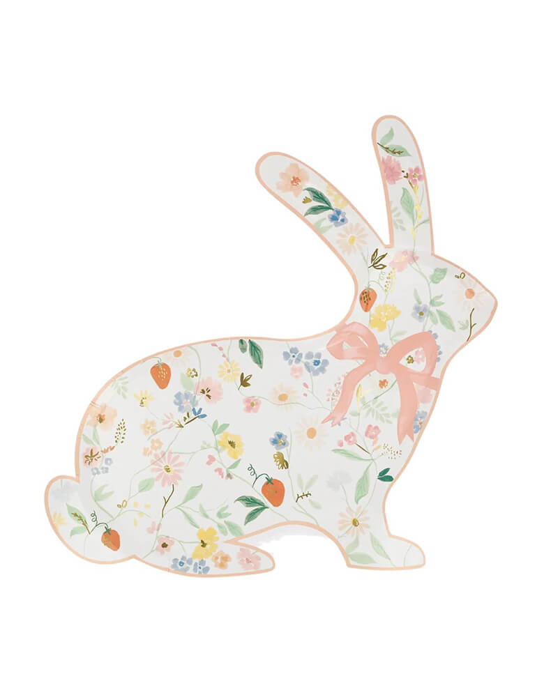 Momo Party's 10.5" x 10.25" elegant floral bunny shaped plates by Meri Meri. Comes in a set of 8 paper plates, these bunny shaped plates with watercolored floral pattern and a pink bow on them are elegant and stylish additions to your Easter table this spring.