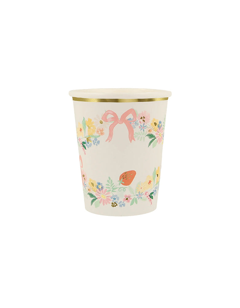 Momo Party's 9oz elegant floral party cups by Meri Meri. The elegant combination of watercolor flowers, strawberries and on-trend bows on these party cups is perfect for garden parties, bridal showers or any celebration where you want a refined effect.