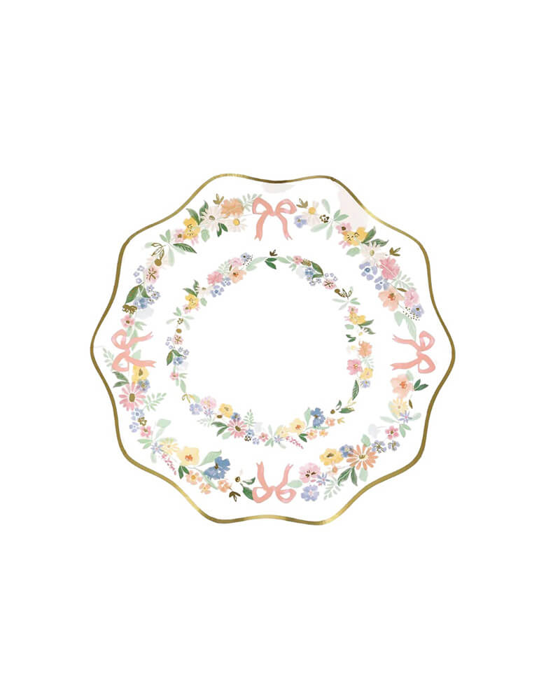 Momo Party's 8.5 x 8.5 inches Elegant Floral Side Plates by Meri Meri. These Spring party plates offer an elegant combination of watercolor flowers and on-trend bows, in dreamy pastel colors. Perfect for garden parties, bridal showers or any celebration where you want a refined look.