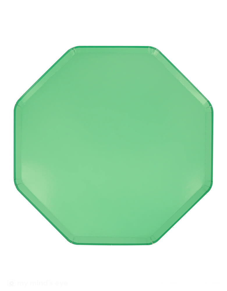 Momo Party's 10.25" x 10.25" emerald green dinner plates by Meri Meri. Comes in a set of 8 paper plates, these gorgeous plates, with their eye-catching octagonal shapes, are perfect for a garden party, baby shower, a new home get-together, or any birthday or family meal to celebrate being happy and healthy.