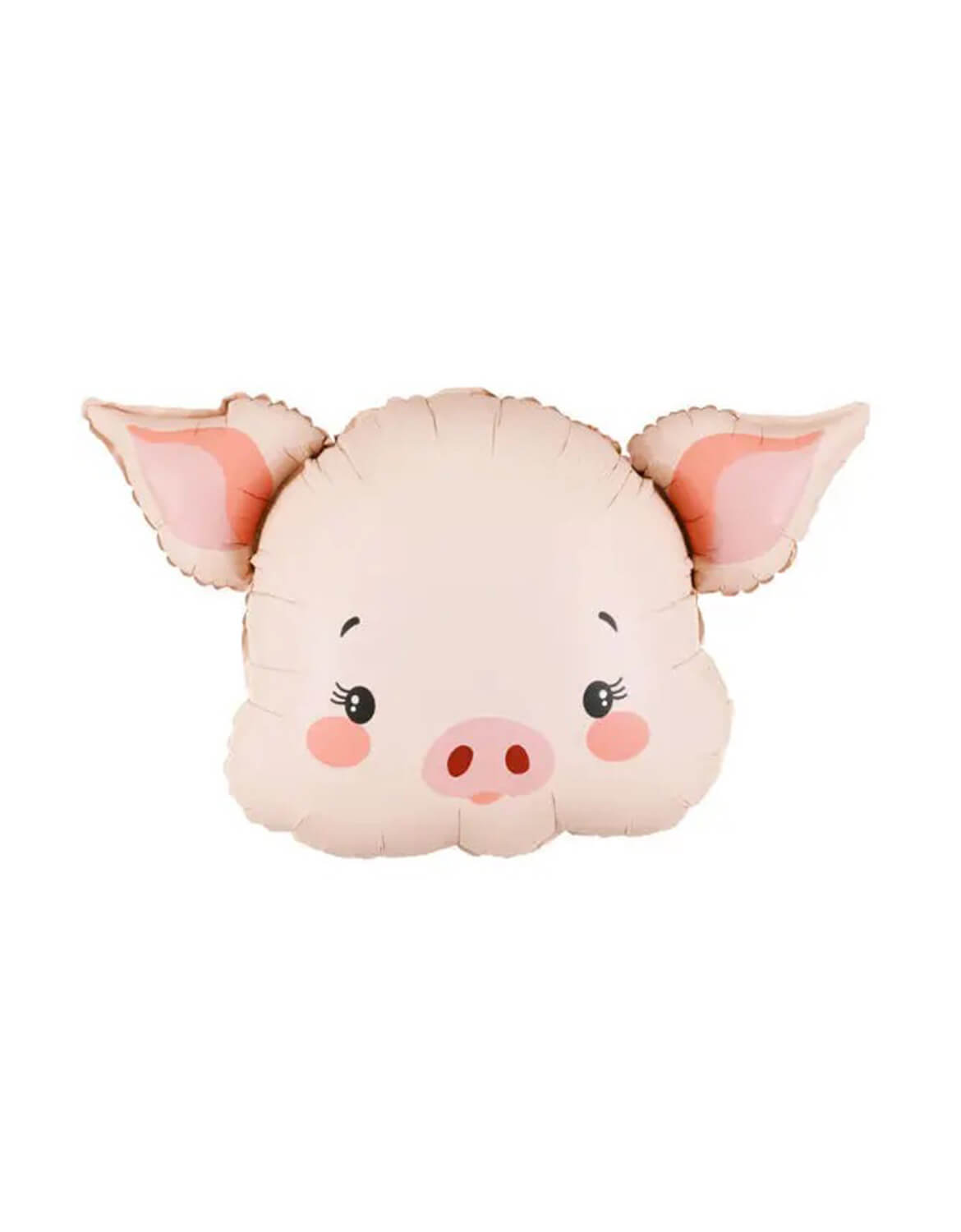 Momo Party's 23" pink foil balloon shaped like a cute cartoon pig head, featuring pink inner ears, black eyes with eyelashes, and a pink snout, on a white background.