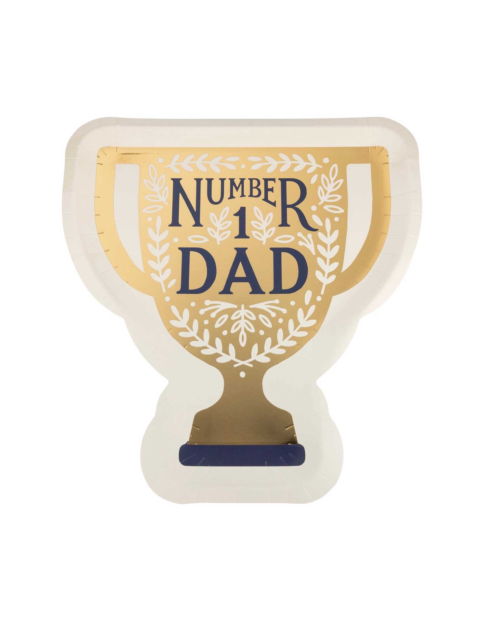 Momo Party's 10" x 10.5" Number 1 Dad Trophy Plates by My Mind's Eye. Perfect for a Father's Day celebration, this unique paper plate features a fun trophy design, adding a playful touch to your celebration. Show your dad he's the ultimate champ with this one-of-a-kind plate!