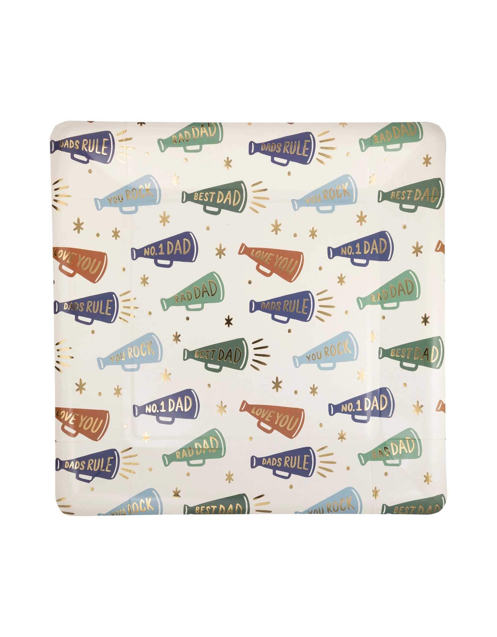 Momo Party's 10" Dads Megaphone Pattern Plates by My Mind's Eye. Featuring a playful megaphone pattern, these plates are perfect for all the dads in your life. Get ready to dish out some fun with these festive and unique plates!