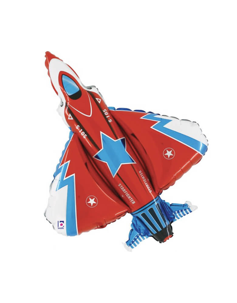 Momo Party's Fighter Jet 85915 Foil Balloon by Betallic. Featuring a Fighter Jet shaped foil balloon in Red and Blue colors, Accent your kid's airplane themed party this awesome fighter jet shaped foil balloon.