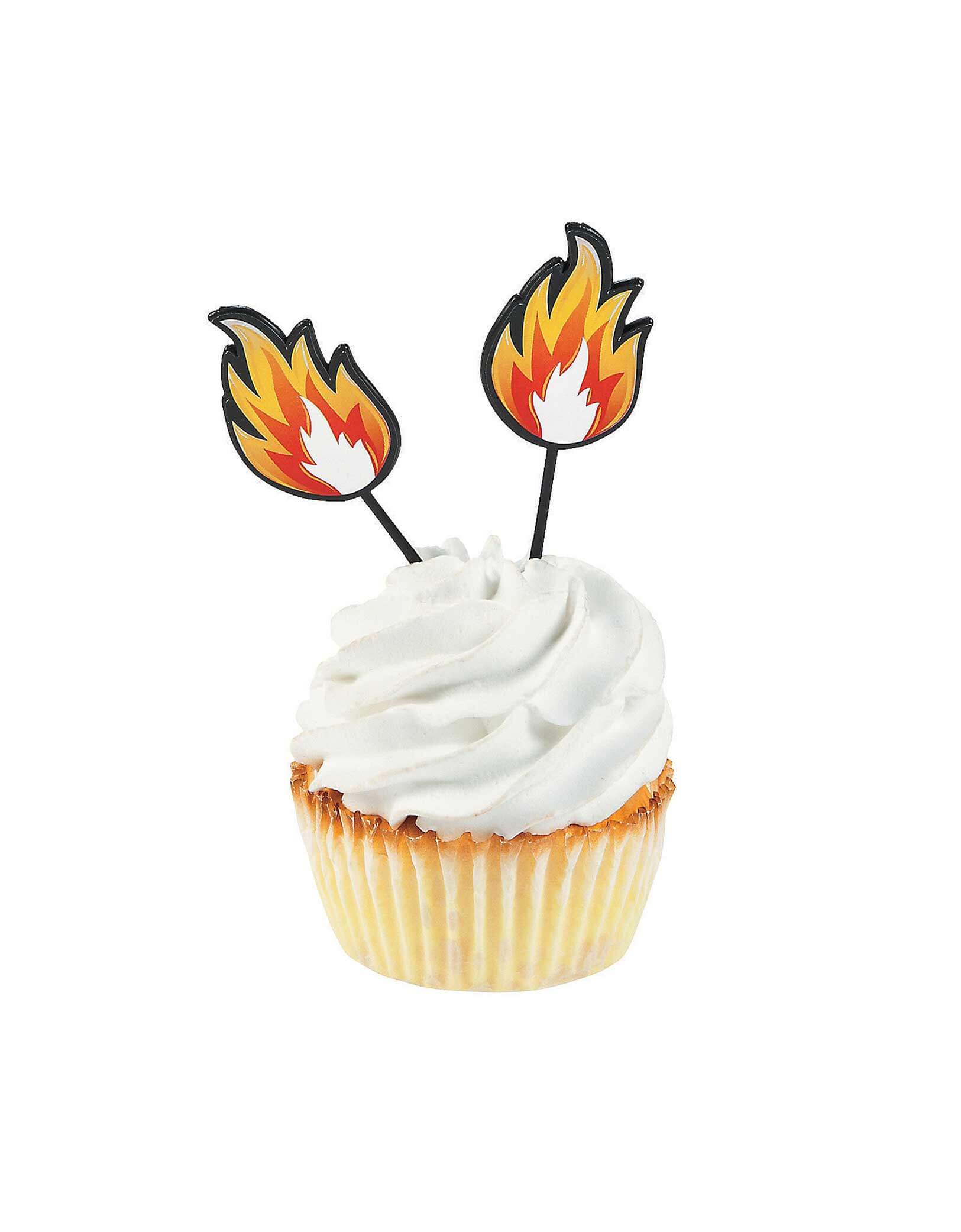 A buttercream cupcake topped with two of Momo Party's 3" Fire Shaped Cake Toppers from Fun Express. These food picks or cupcake toppers are great for a Monster Truck or firefighter birthday party!