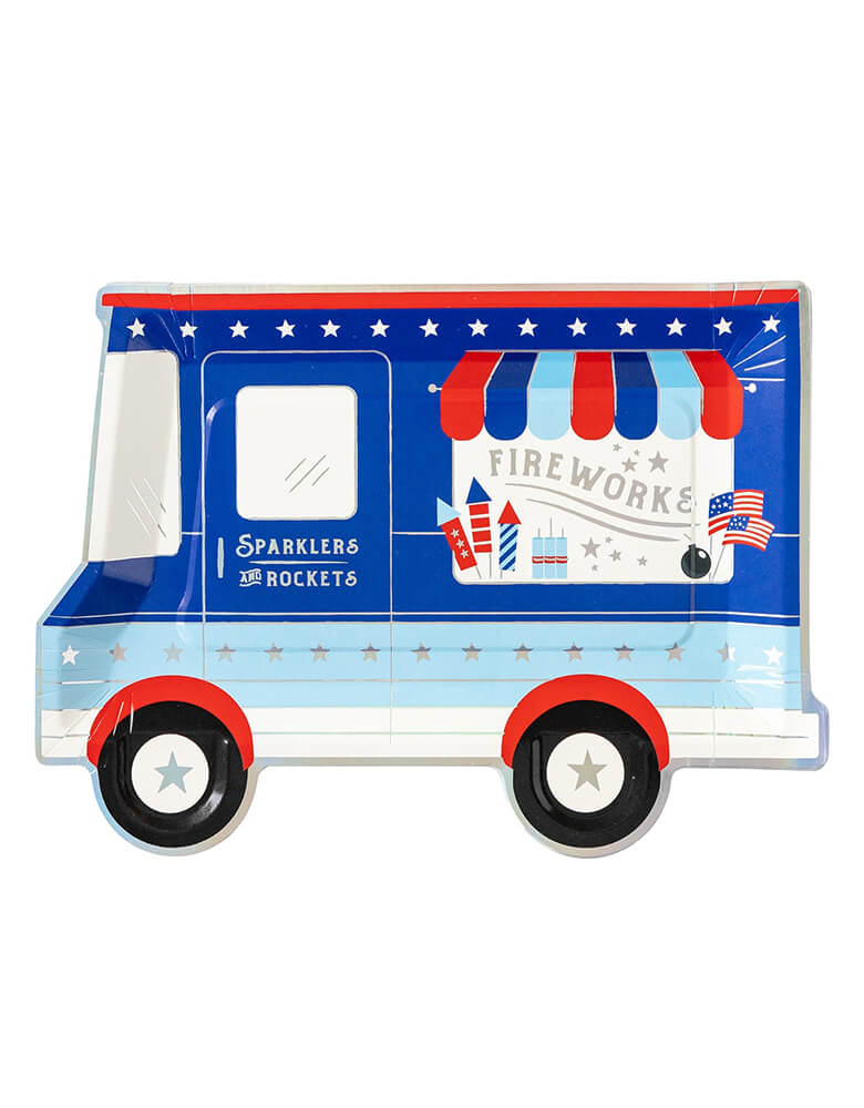 Momo Party's ROC940 - FIREWORK TRUCK SHAPED PLATE by My Mind's Eye. Featuring classic Blue white and red color palette , Die cut into to charming firework truck shape, these dinner sized party plates add patriotic flair to Fourth of July gatherings