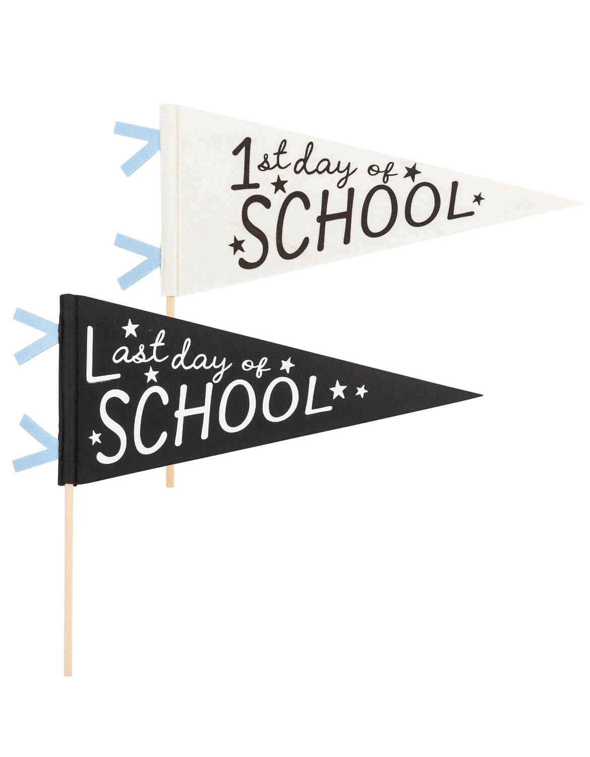 Momo Party's two pennant flags, one white with '1st day of School' and one black with 'Last day of School' by My Mind's Eye on a white background.