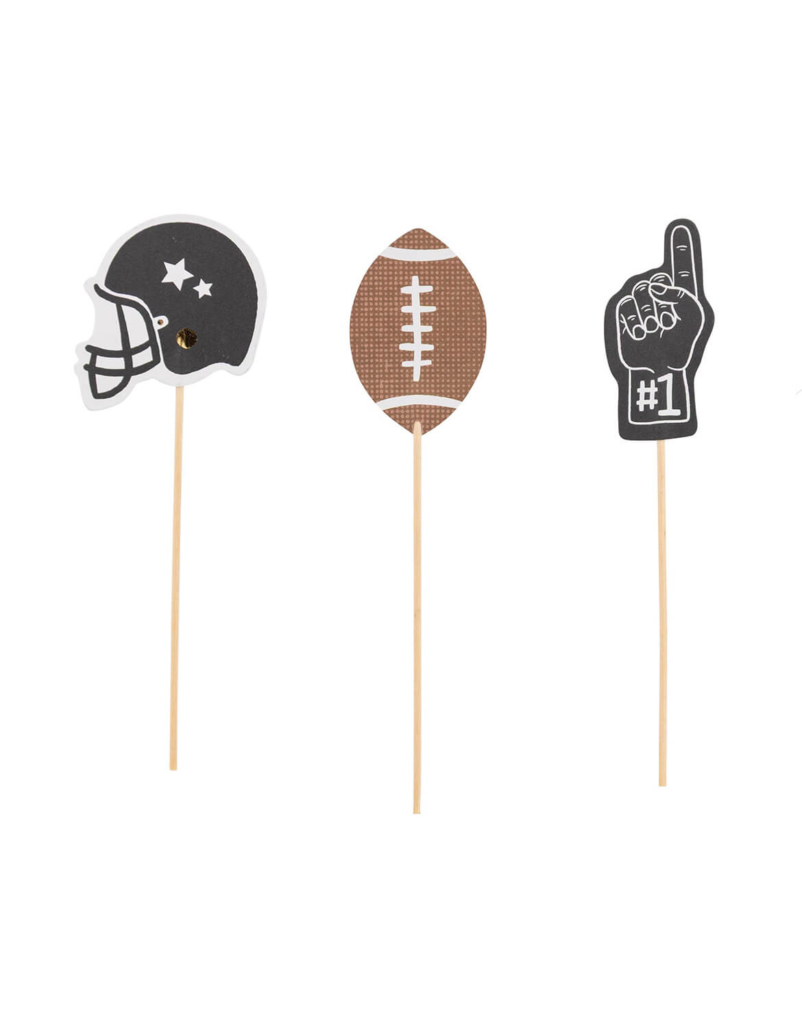 Momo Party's three football-themed food picks on sticks with a helmet, football, and foam finger design by My Mind's Eye on a white background.
