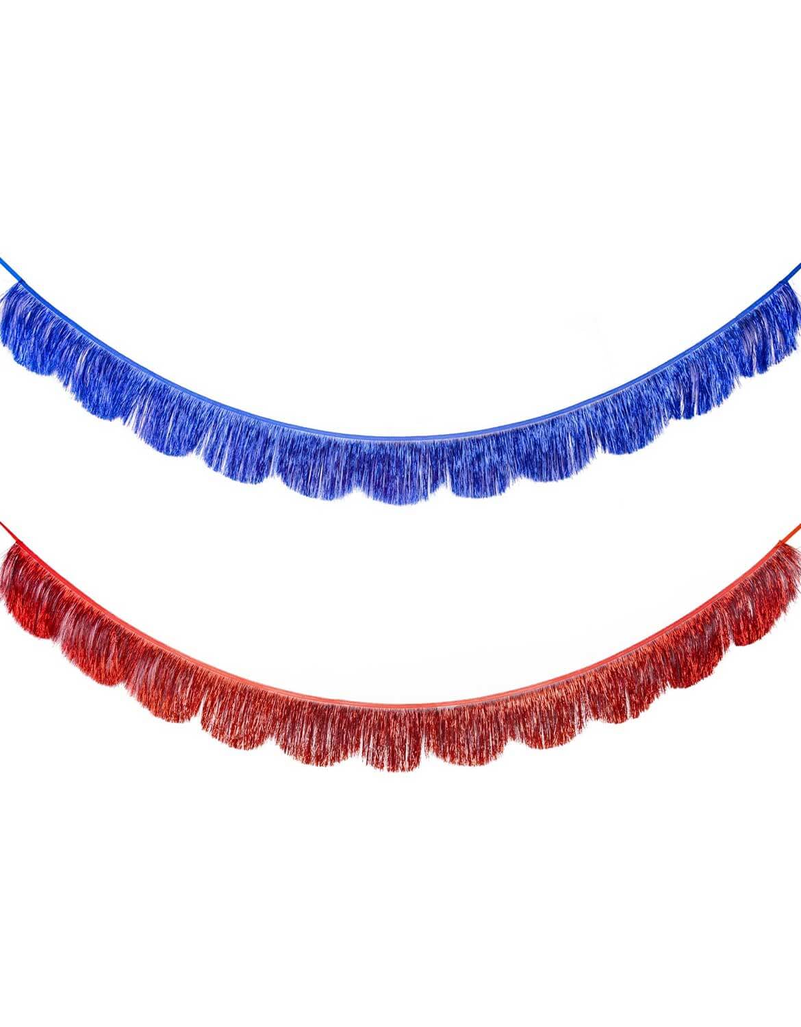 Momo Party's Blue & Red Fringed Scallop Banner Set, one blue and one red by My Mind's Eye on a white background.