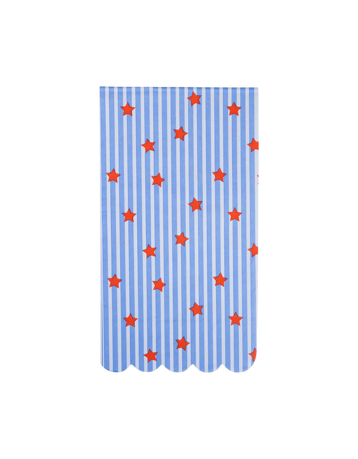 Momo Party's stars and striped paper guest napkins with blue and white stripes and red star pattern by My Mind's Eye on a white background.