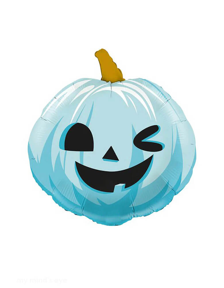 Momo Party's 29" Funny Pumpkin Blue Foil Balloon. Bring this adorable blue Jack O'lantern balloon to your pastel Halloween bash! This balloon includes a self-sealing valve, preventing the gas from escaping after it's inflated. The balloon can be inflated with helium to float or with a balloon air inflator.