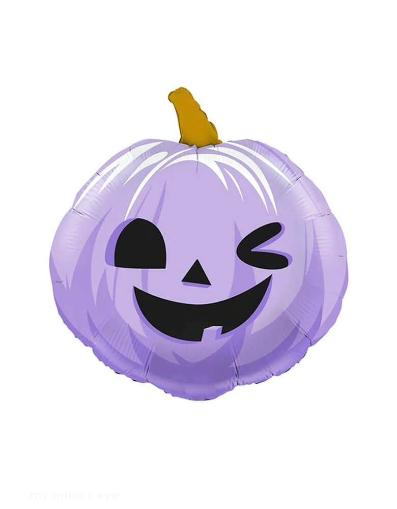 Momo Party's 29" Funny Pumpkin Lilac Foil Balloon. Bring this adorable lilac Jack O'lantern balloon to your pastel Halloween bash! This balloon includes a self-sealing valve, preventing the gas from escaping after it's inflated. The balloon can be inflated with helium to float or with a balloon air inflator.