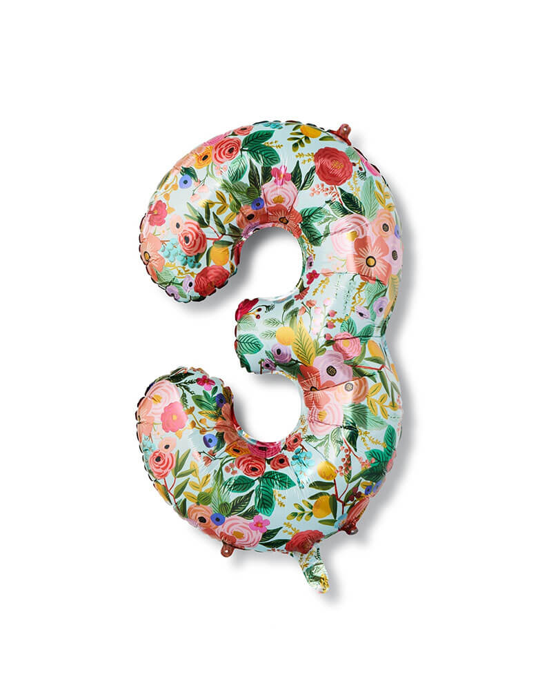 Momo Party's 40" garden party number foil balloon number 3 by Rifle Paper Co. With the classic design from Rifle Paper Co., this foil balloon is perfect for a garden themed birthday celebration for little girls.