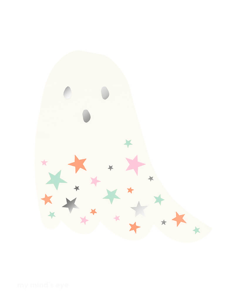 Momo Party's 6.375" x 6.125" ghost with pastel and silver stars paper napkins by Meri Meri. Comes in a set of 16 napkins, these ghost shaped napkins with colorful pastel and muted neon stars, and a shimmer of silver foil, to make these napkins the main attraction on your Halloween party table.