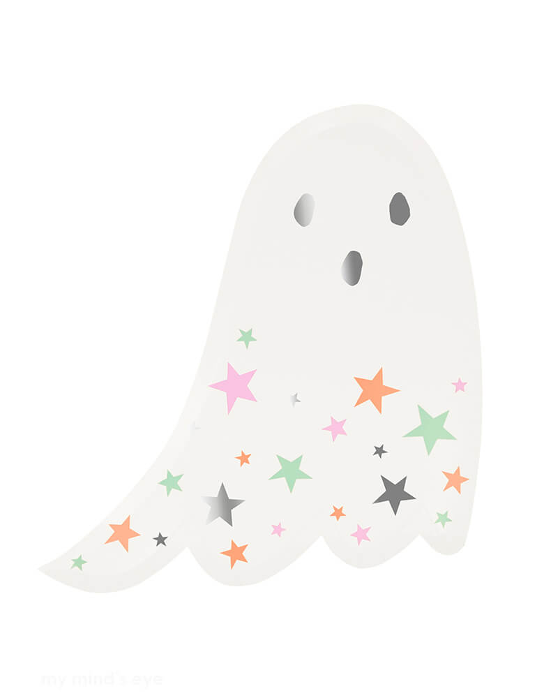 Momo Party's 9.75" x 9.5" ghost with pastel stars shaped plates by Meri Meri. Comes in a set of 8 paper plates, these adorable host shaped plates with colorful pastel and muted neon stars, and a shimmer of silver foil, to make them the main attraction on your Halloween party table.