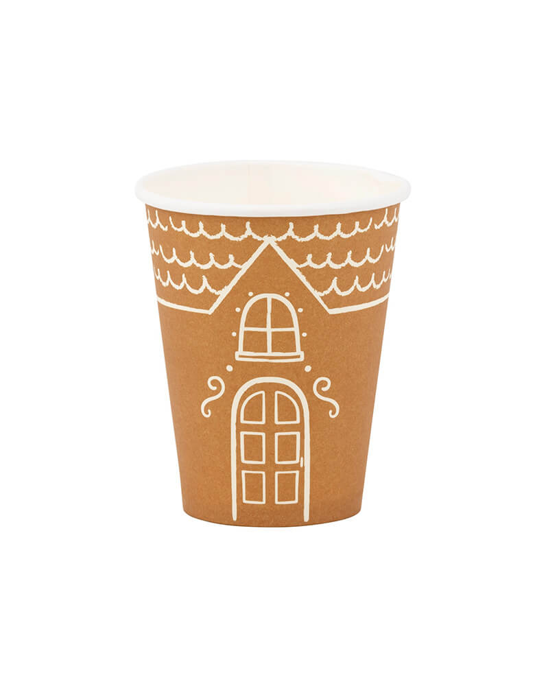 Momo Party's 12 oz Gingerbread Handled Paper Cup by My Mind's Eye. Made with a festive gingerbread man handle, this cup brings a fun twist to your drinks. Perfect for any gingerbread-themed Holiday party, spread the joy with this whimsical addition.