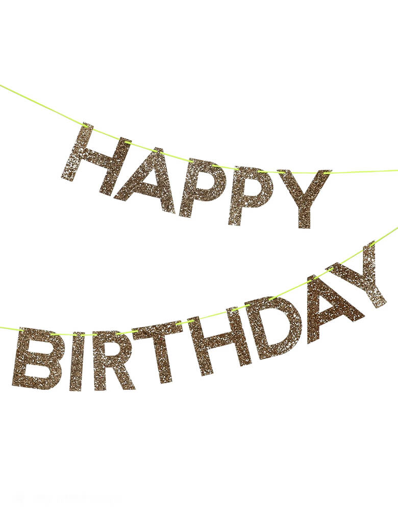 Meri Meri Gold-Glittered-Happy-Birthday-Party-Garland, sold by MomoParty.com. this A glittery gold 'HAPPY BIRTHDAY' banner garland on a thin neon green string, displayed against a solid white background. perfect for birthday party decoration