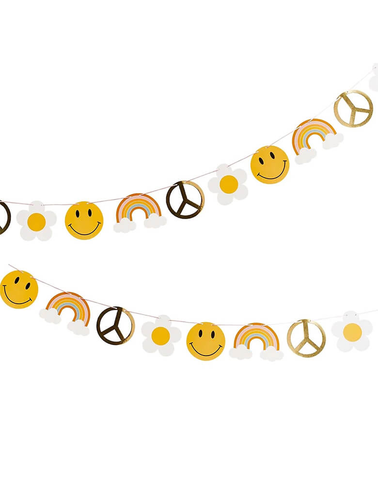 Momo Party's 8' Groovy Gold Foiled Garland by Hooty Balloo. Featuring daisis, smiley faces, rainbows and peace signs, this garland is perfect to set a scene for a retro hippie inspired celebration, be it a "Groovy One" first birthday party or a "Two Groovy" second birthday party.