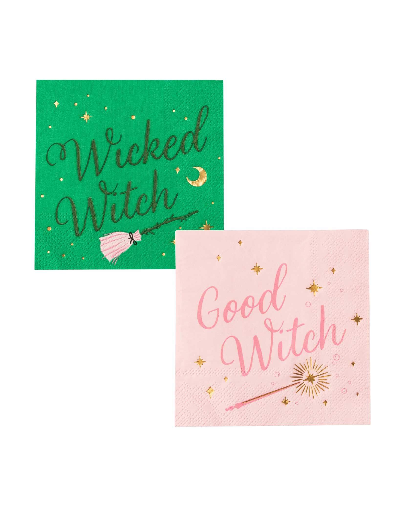 Two small 5" napkins with 'Wicked Witch' and 'Good Witch' text from Momo Party on green and pink backgrounds.