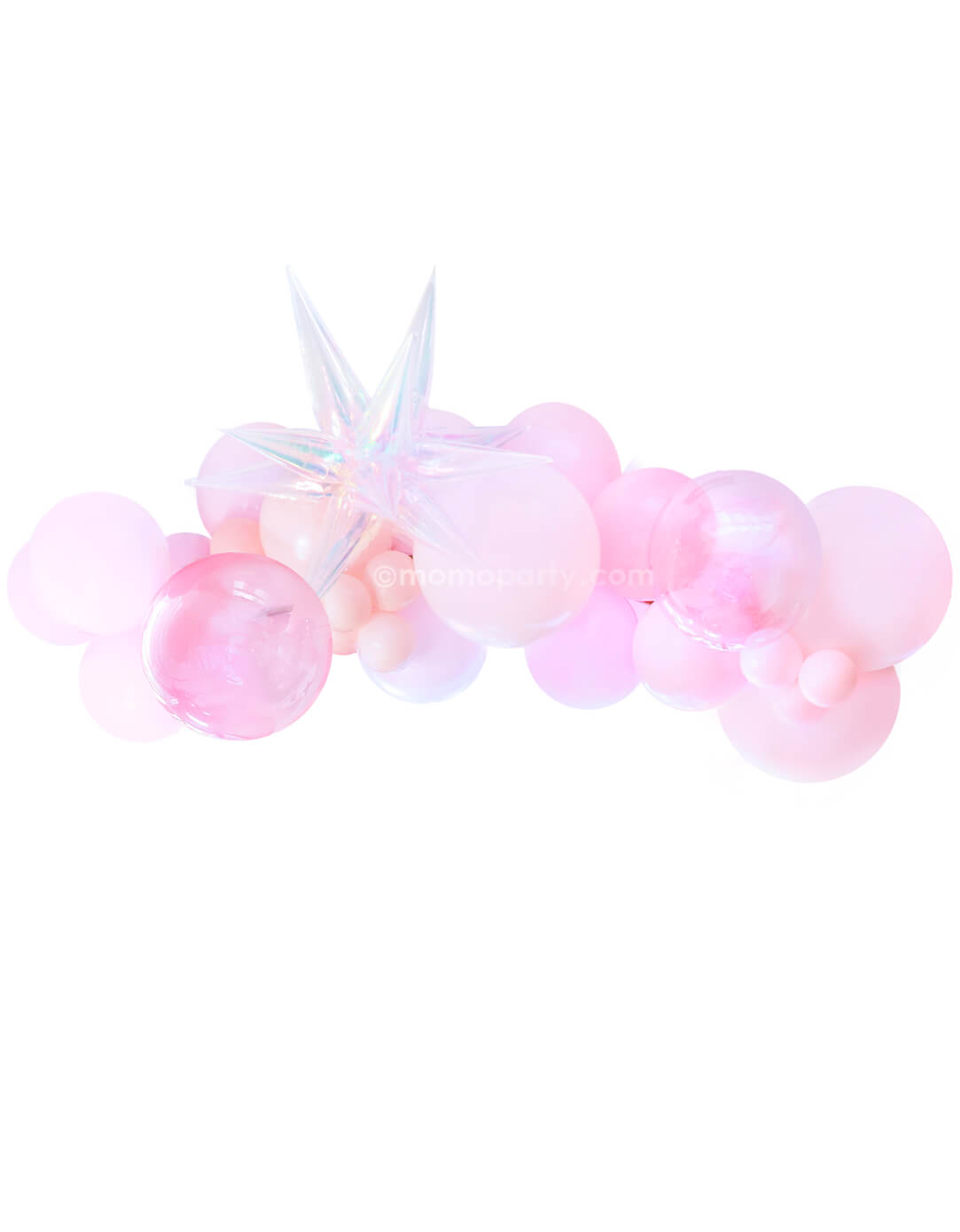 Momo Party Good Witch Balloon Cloud Kit for Wicked themed Party. This balloon Garland assorted 16", 11” & 5” Wicked Glinda inspired good witch themed latex balloons in pink and pastel pink and 26" iridescent starburst foil balloon, two 16" clear pink orbz non-foil balloons.