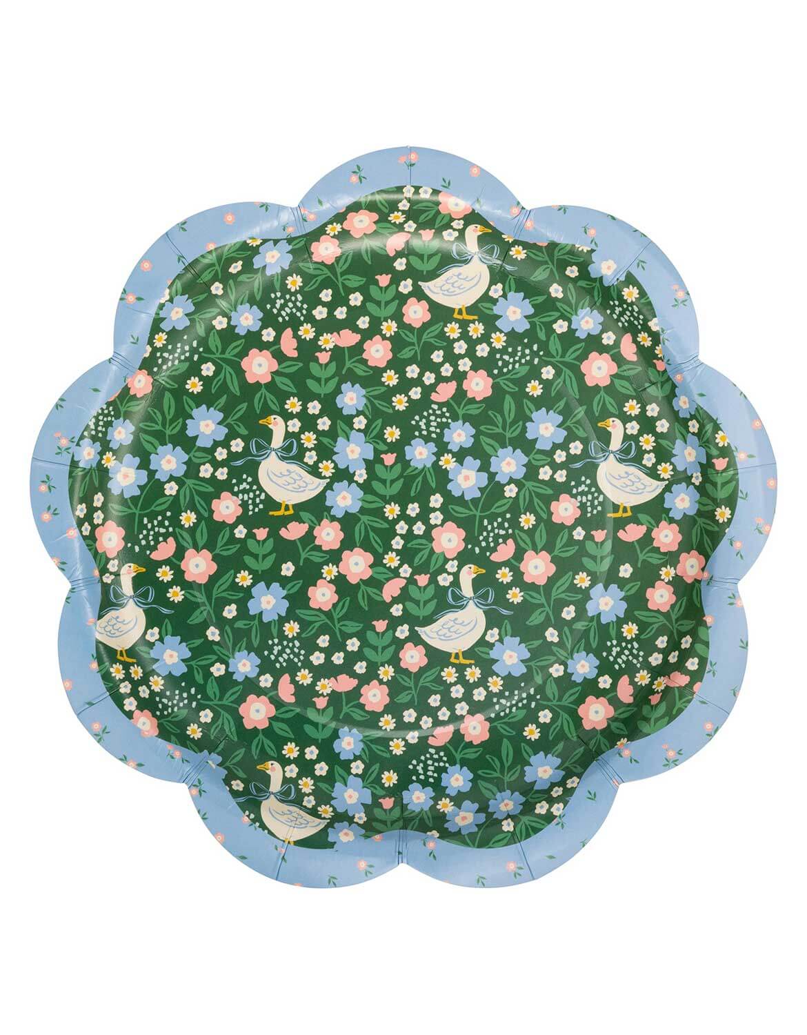 Momo Party's 10" scallop-edged paper plate with floral and goose design on a white background.