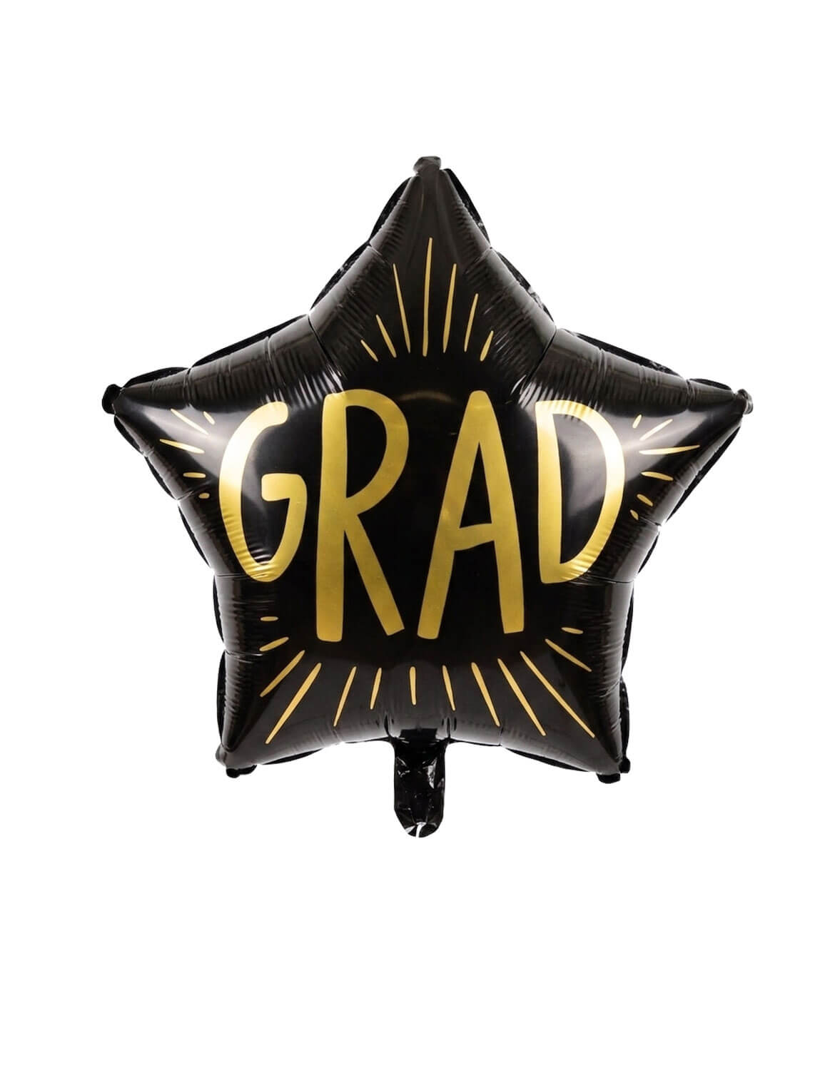 Momo Party's 24" black star-shaped foil balloon with 'GRAD' in gold foil by My Mind's Eye on a white background.