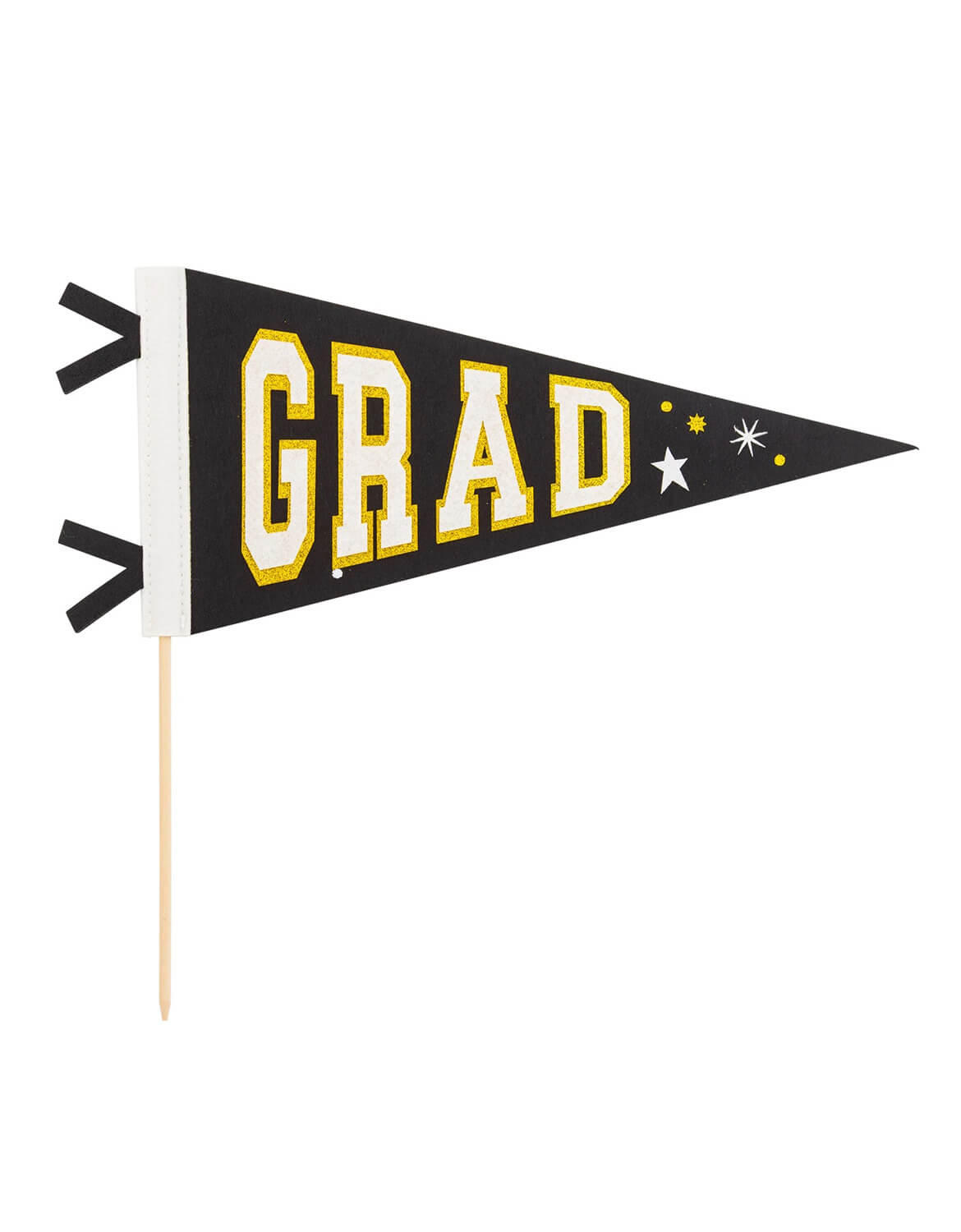 Momo Party's Grad Felt Pennant Banner by My Mind's Eye on a white background. Perfect for graduation parties and celebratory events, this eye-catching decoration features bold lettering and shimmering gold glitter accents that add elegance to any space.