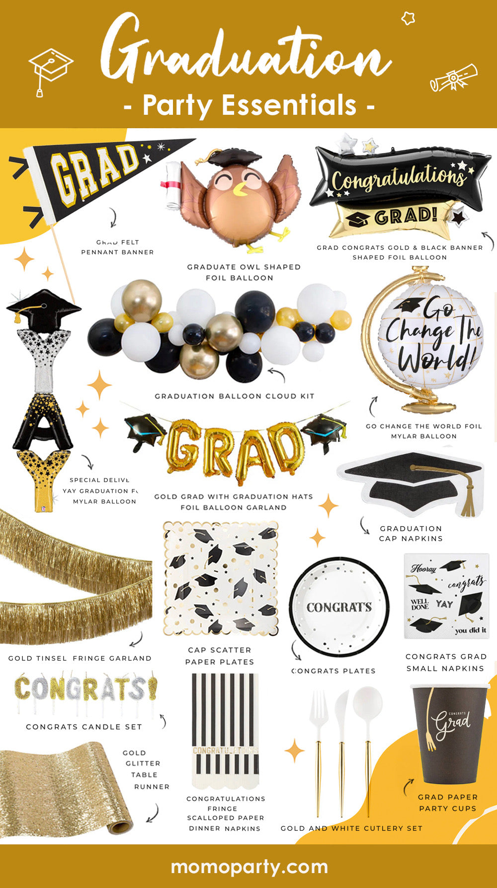 Momo Party's graduation party essentials with various decorations and supplies in gold, black and white colors including grad plates, cap shaped napkins and party cups on a white background.