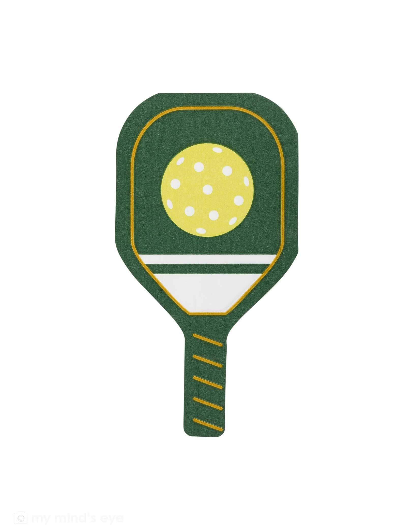 Momo Party's 4" x 7.5" green paddle with a yellow polka dot pickleball shaped dinner napkin by My Mind's Eye on a white background.