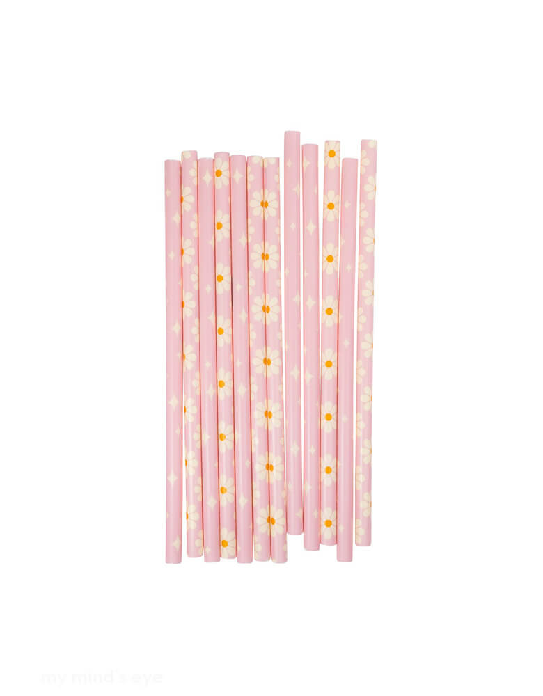 Momo Party's Disco Daisy Reusable Straws by My Mind's Eye. Comes in a set of 12 straws in daisy motif in pink, These daisy disco straws are not only reusable, but they also add a fun and unique touch to any drink. So sip in style while also helping the environment.