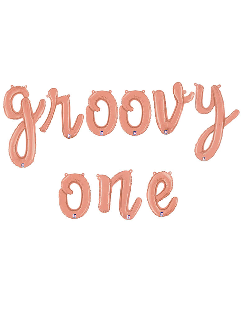Momo Party's Groovy One Rose Gold Script Mylar Balloon Set Spelled with 24 inch SCRIPT LETTERs in ROSE GOLD color. Perfect for a girl's "Groovy One" first birthday, One Groovy Baby Birthday