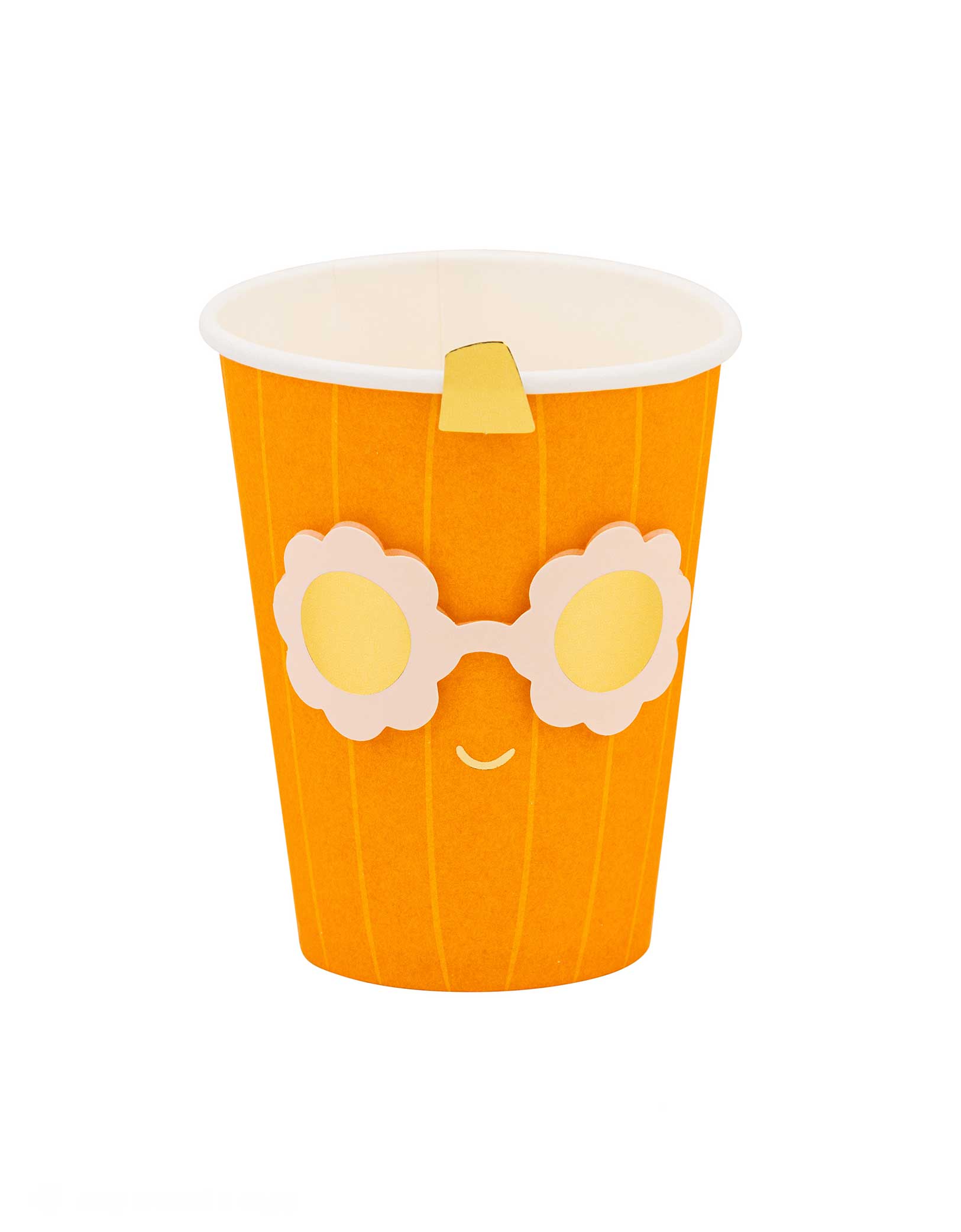 Momo Party's 12oz Groovy Pumpkin Party Cup featuring an orange pumpkin shaped paper cup with a pair of daisy-shaped sunglasses and a smiley face design on a white background. This funky Halloween cup features an adorable pumpkin design that's perfect for spooky season celebrations. Ideal for serving up frightfully delicious drinks at your next costume bash or fall gathering. These cups will have your guests grooving all night long!