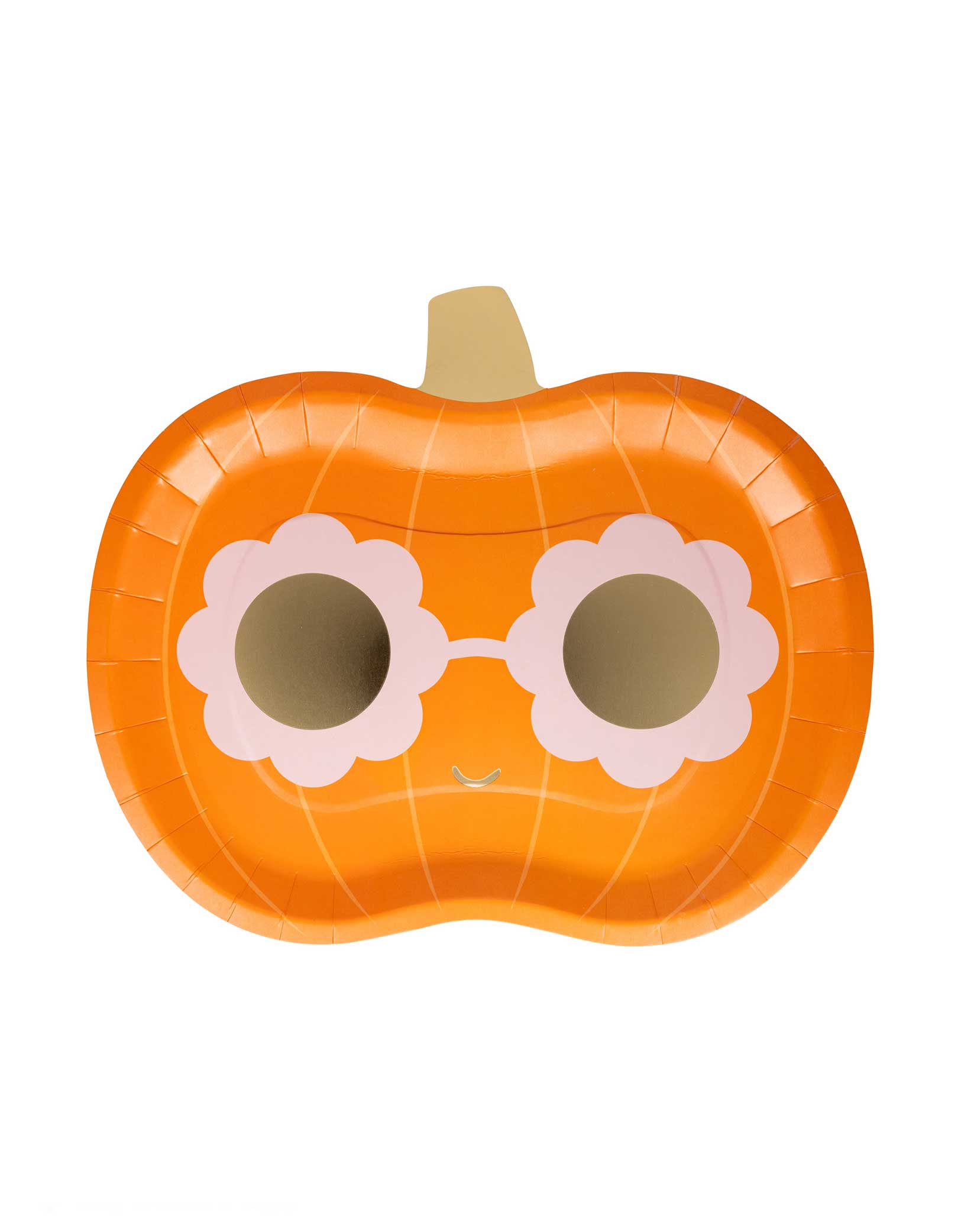 Momo Party's 11" x 9.5" Groovy Pumpkin Shaped Plate by My Mind's Eye. Comes with 8 paper plates, these adorable jack-o'-lantern plates with daisy flower shaped sunglasses bring instant Halloween spirit to any kids' table. Perfect for holding treats, snacks, or a slice of spooky cake, these festive plates will have little ghouls and goblins grinning from ear to ear. Let the party begin!