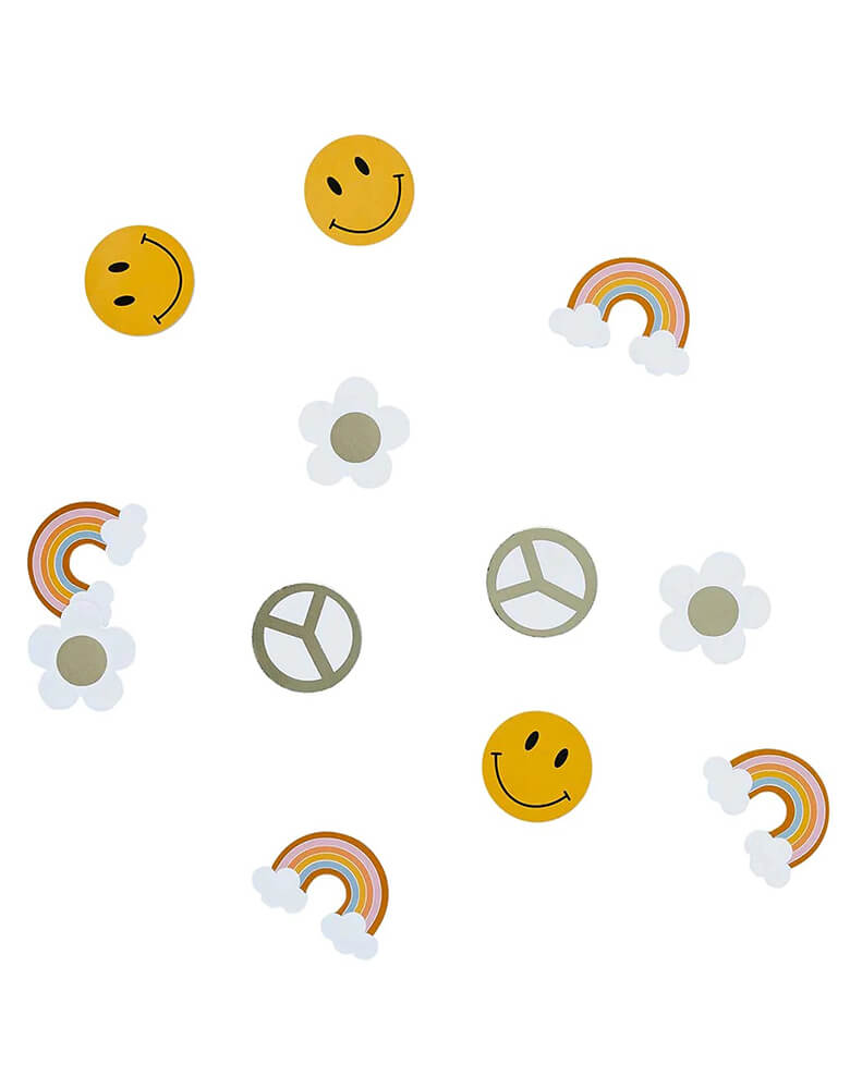 Momo Party's Groovy Gold Foil Table Scatter by Hooty Balloo. Featuring daisies, smiley faces and rainbows, this fun table scatter is perfect to set a scene for a retro hippie inspired celebration, be it a "Groovy One" first birthday party or a "Two Groovy" second birthday party.
