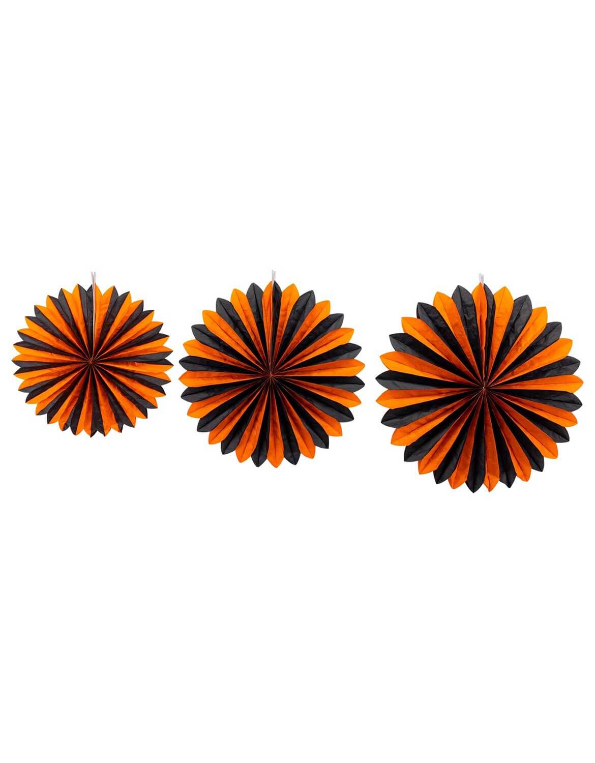 Momo Party's 20", 18", 15" three orange and black pleated paper fan decorations by My Mind's Eye arranged horizontally on a plain white background.