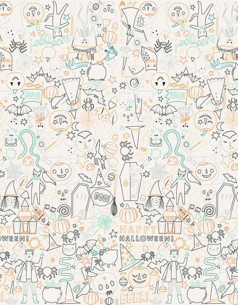 Momo Party's 50" x 94" Halloween Color In Activity Tablecloth by Meri Meri. Crafted from high quality art paper It has 4 repeating panels of designs in Halloween colors. Featuring classic Halloween icons including pumpkins, black cats, vampires, witches, skulls, bats and more, this color in tablecloth, with happy Halloween icons, is a creative treat for lots of fun. If you're looking for Halloween party ideas, this is an amazing activity – and it makes a brilliant gift too.