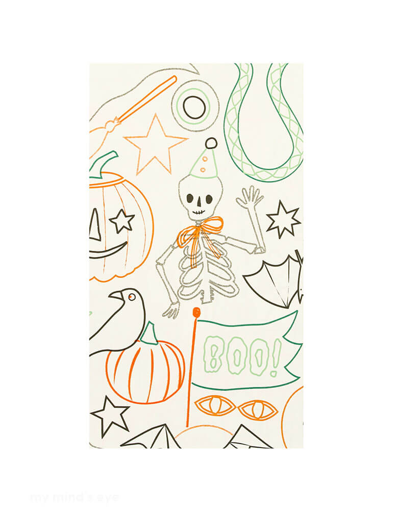 Momo Party's 50" x 94" Halloween Color In Activity Tablecloth by Meri Meri. Crafted from high quality art paper It has 4 repeating panels of designs in Halloween colors. Featuring classic Halloween icons including pumpkins, black cats, vampires, witches, skulls, bats and more, this color in tablecloth, with happy Halloween icons, is a creative treat for lots of fun. If you're looking for Halloween party ideas, this is an amazing activity – and it makes a brilliant gift too.