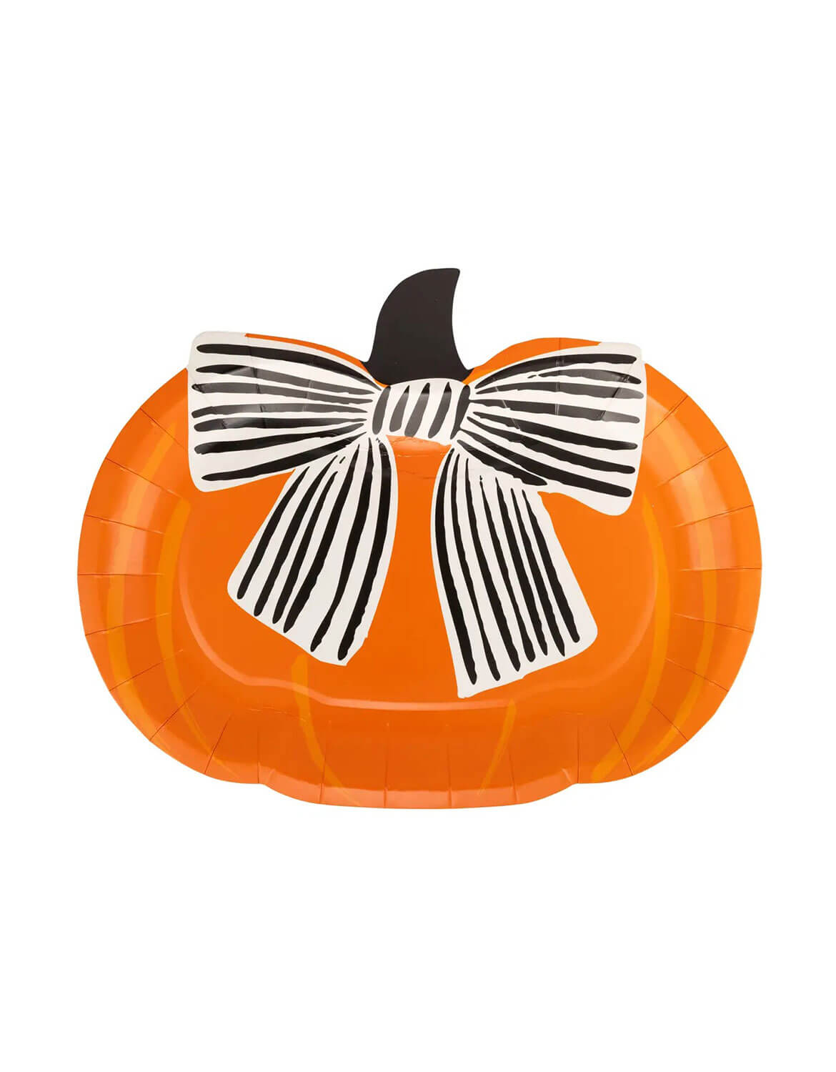 Momo Party's orange pumpkin-shaped paper plate with a black stem and a large black-and-white striped bow on the front by My Mind's Eye, shown on a plain white background.