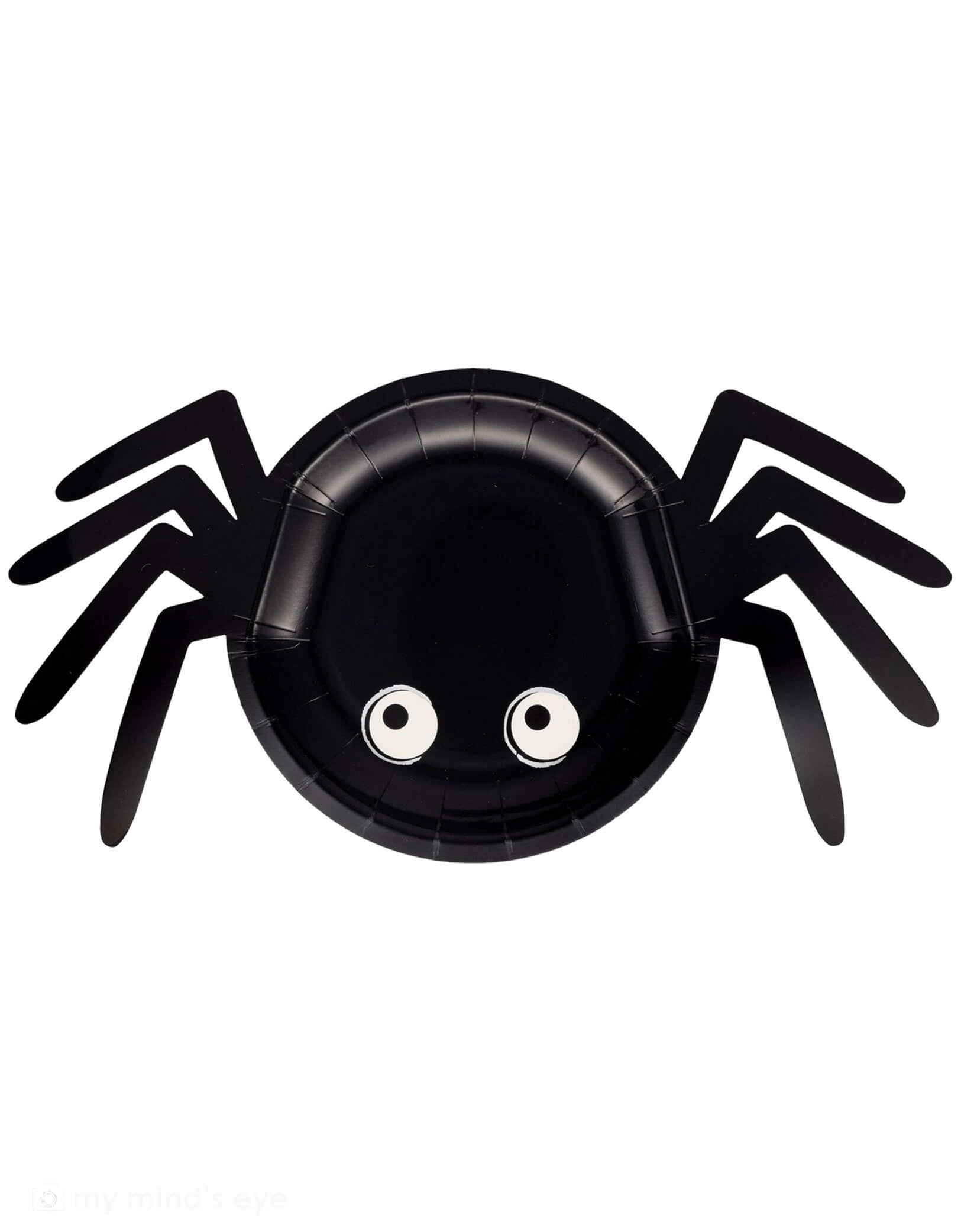 Momo Party's 14" x 7" Black spider-shaped plate with googly eyes by My Mind's Eye on a white background. Comes in a set of 8 paper plates, these spooktacular dishes add a playful touch to your Halloween festivities. Perfect for serving spooky snacks, ghoulish goodies, or monster munchies at your next costume party. The fun spider design will have guests squealing with delight as they dig into their favorite treats!