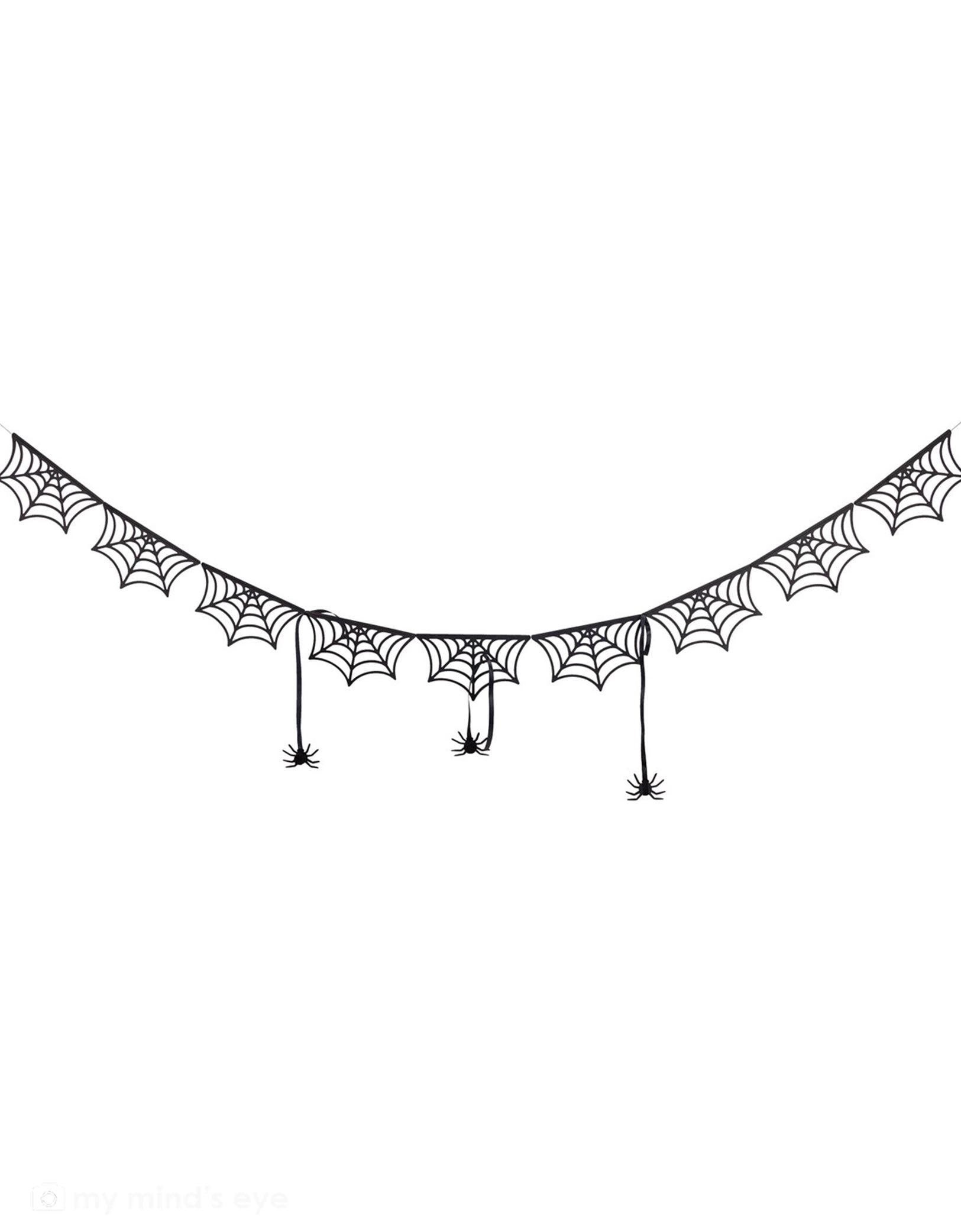 Momo Party's 7ft Spider Web Bunting Banner by My Mind's Eye on a white background. Perfect for Halloween parties, haunted houses, or spooky celebrations. This festive garland adds instant creepy vibes to any room, doorway, or outdoor area. Hang it up in minutes and watch your Halloween décor transform from ordinary to extraordinary.