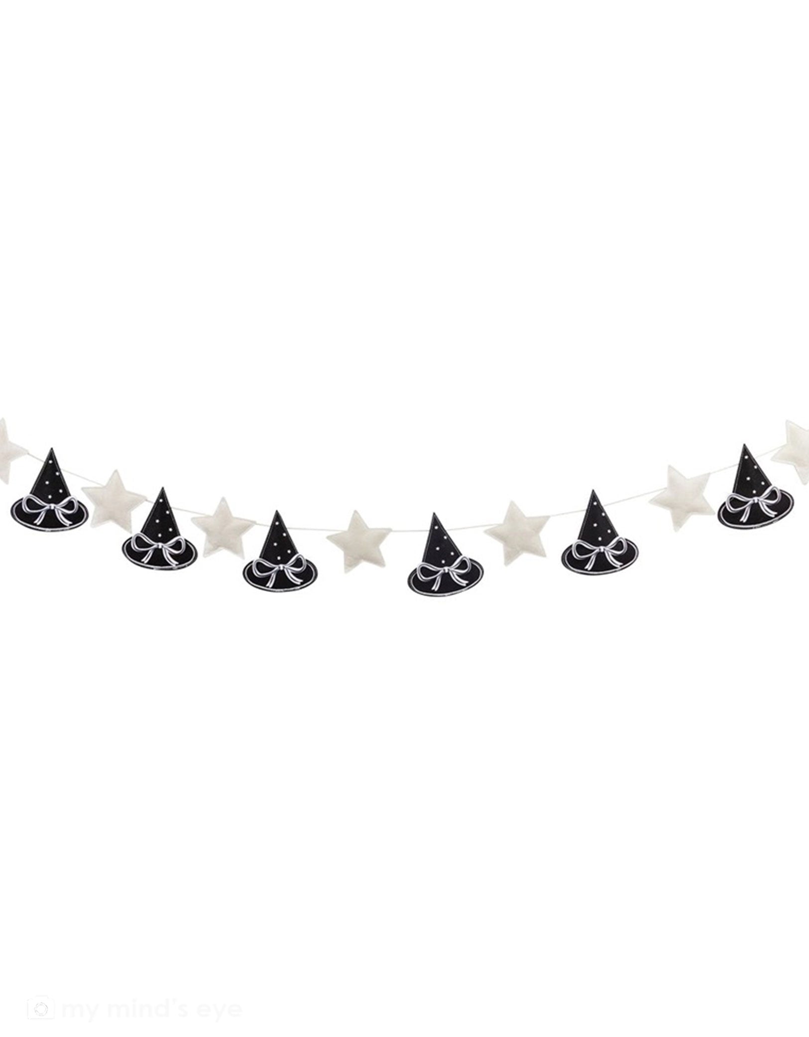 Momo Party's 6ft Puffy Felt Witch Hats Banner by My Mind's Eye on a white backgorund. These adorable dimensional witch hats add a playful pop to your Halloween décor. Perfect for haunted parties, classroom decorations, or festive home displays. String them up in minutes and watch your space transform into a bewitching bash headquarters!