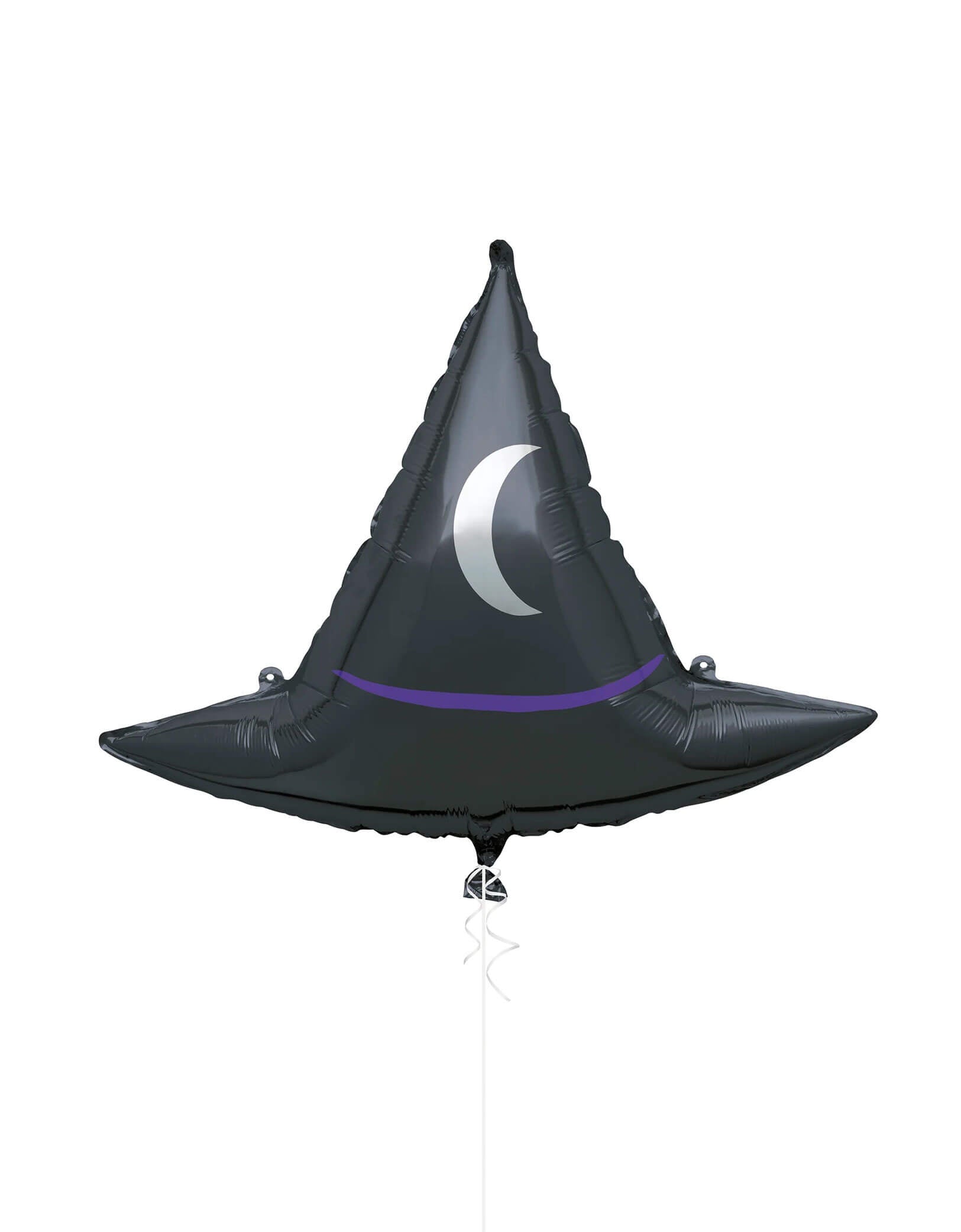 Momo Party's 25" Witch Hat Shaped Foil Balloon by Unique Industries. Cast a spell on your Halloween celebration with this enchanting Witch Hat Shaped Foil Balloon! With a crescent moon design on top, this shaped foil balloon adds a touch of witchy wonder to any spooky gathering. Float it among your Halloween decor for an instant magical atmosphere that will bewitch all your guests!