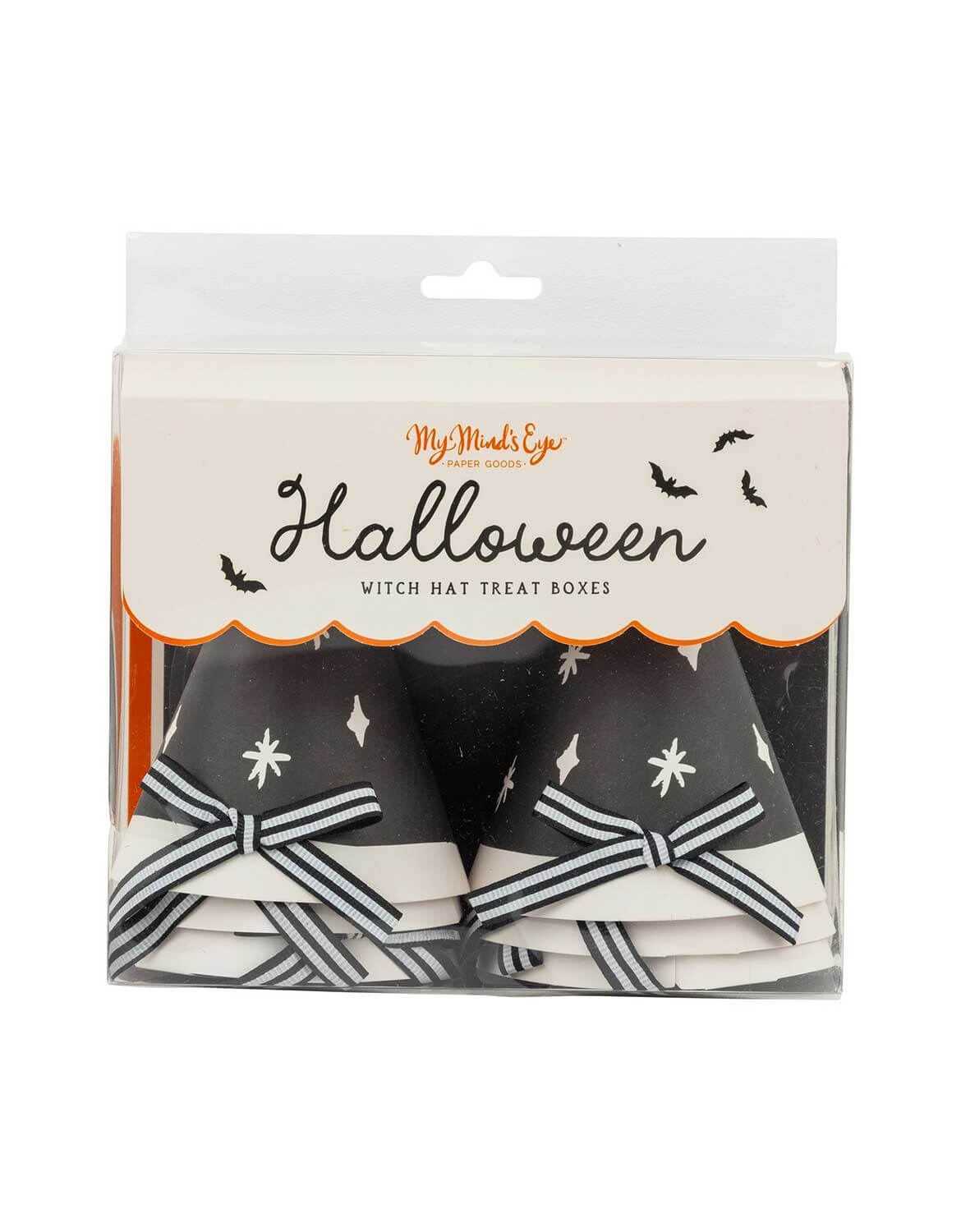 Momo Party's pack of 6 Halloween witch hat treat boxes by My Mind's Eye, featuring black and white pointed hats with striped ribbons and white star patterns, packaged in a clear plastic box with a white cardboard header.